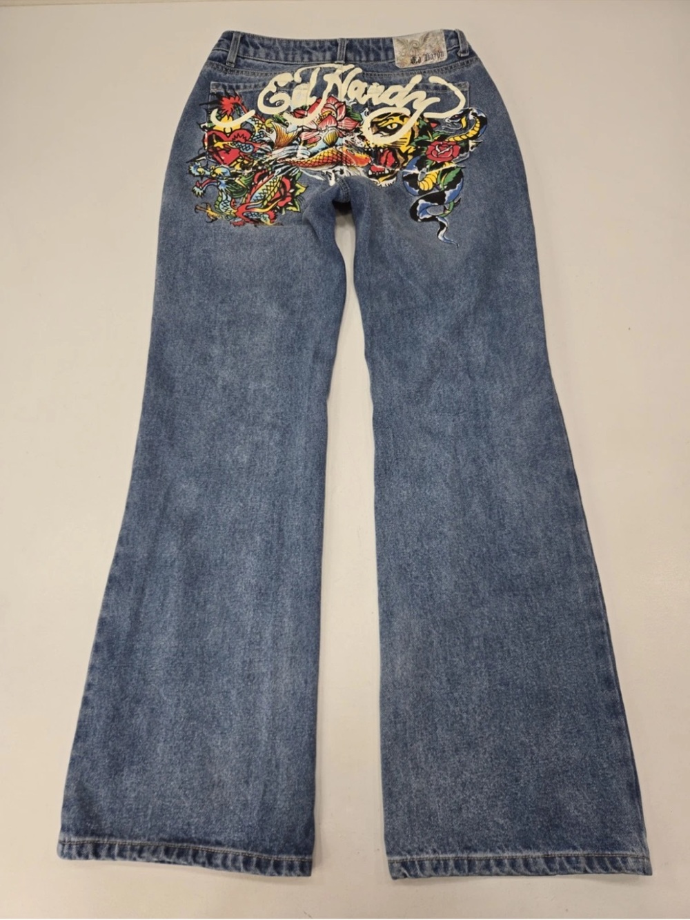 Ed Hardy Painted Multi Tattoo Low Rise Baggy Tiger Koi Y2K Retro Jeans 28 Womens